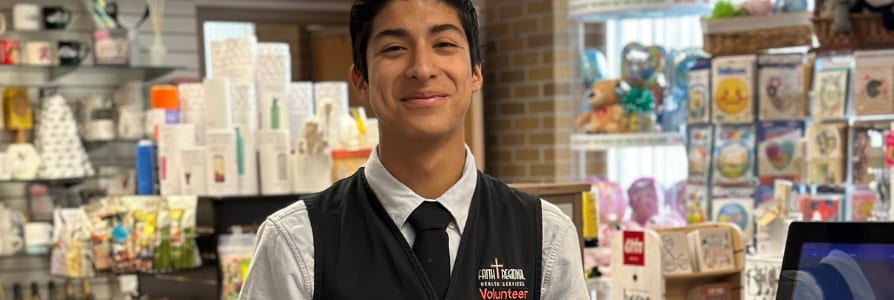 A student volunteer in the Gift Box.