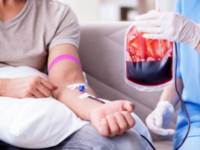 A patient receiving a blood transfusion.